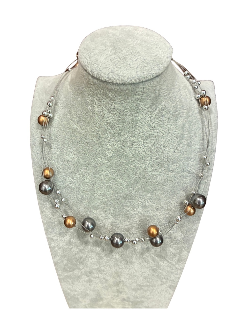 Mixed Metal Multi-Strand Statement Necklace Gunmetal Bronze Pewter Beads